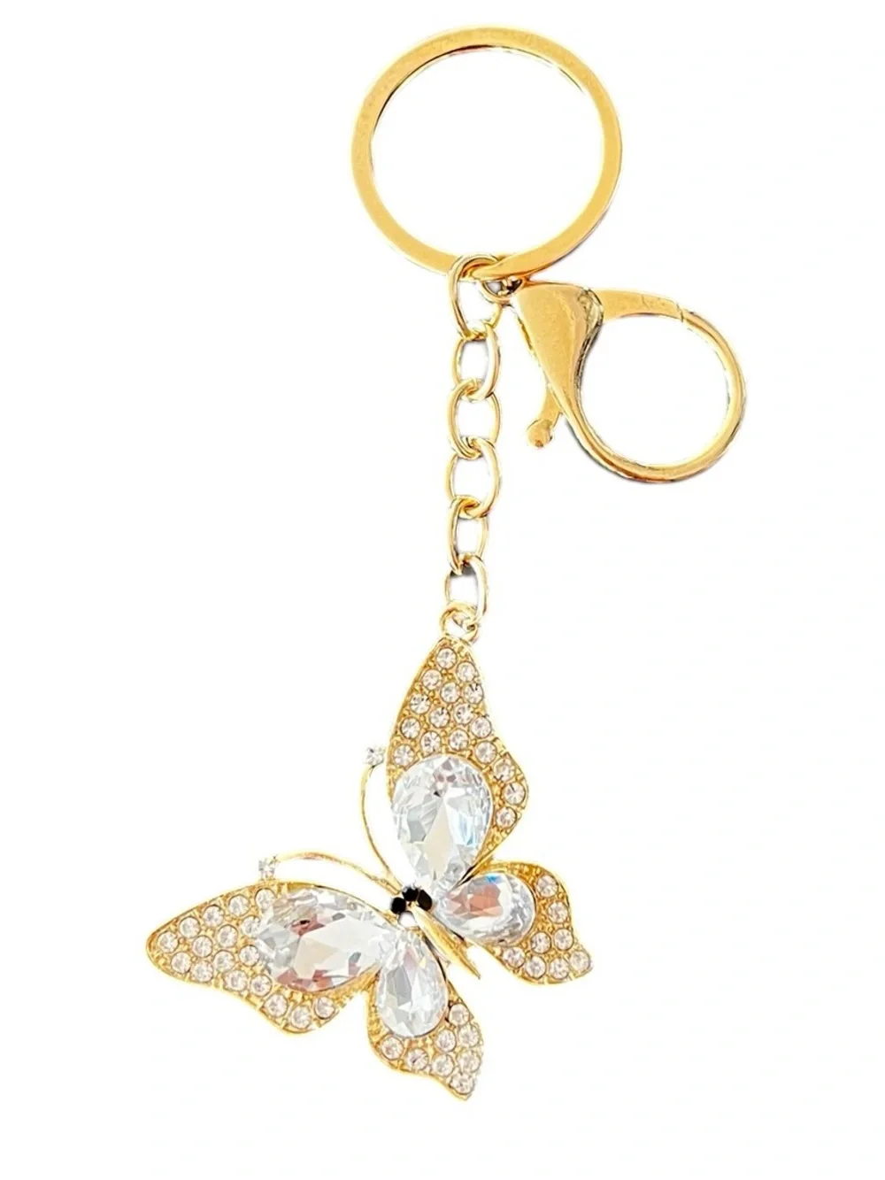 Allover Clear Rhinestone Gold Monarch Butterfly 2” Keychain Bag Purse Charm